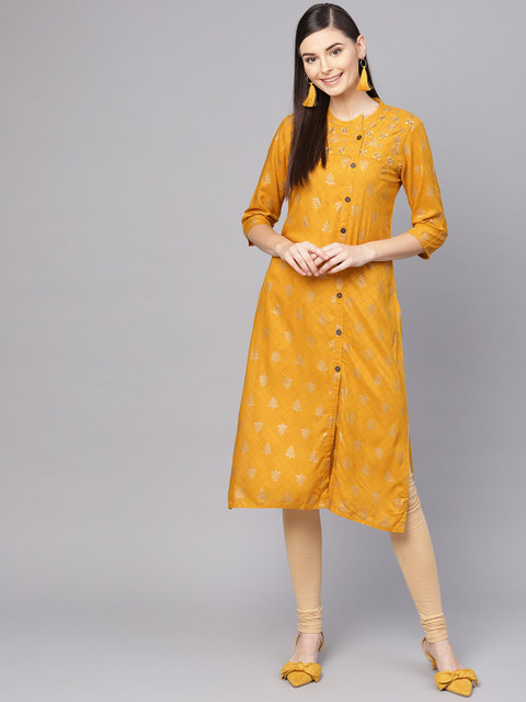 

Anubhutee Women Mustard & Golden Foil Printed Straight Kurta