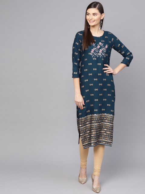 

Anubhutee Women Teal Blue & Golden Printed Straight Kurta