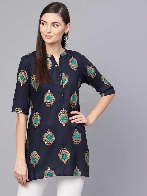 

Anubhutee Women Navy & Golden Foil Print Straight Kurti, Navy blue