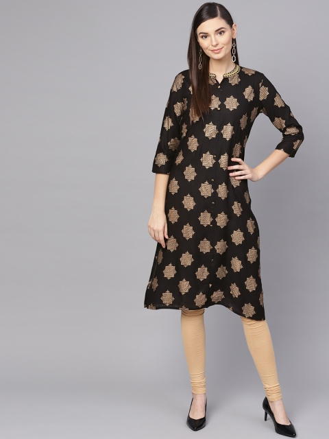 

Anubhutee Women Black & Golden Foil Printed Straight Kurta