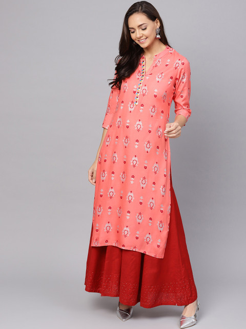 

Anubhutee Women Coral Pink & Silver Screen Printed Straight Kurta