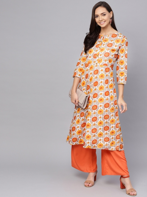 

Anubhutee Women Off-White & Orange Printed A-Line Kurta