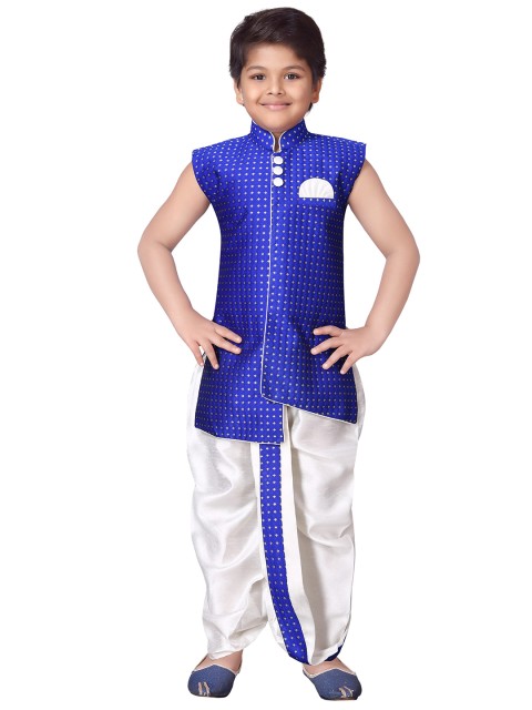 

Aj DEZInES Boys Blue & White Self Design Kurta with Dhoti Pants
