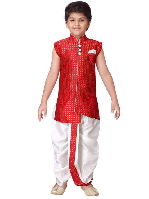 

Aj DEZInES Boys Red & Off-White Self Design Kurta with Dhoti Pants
