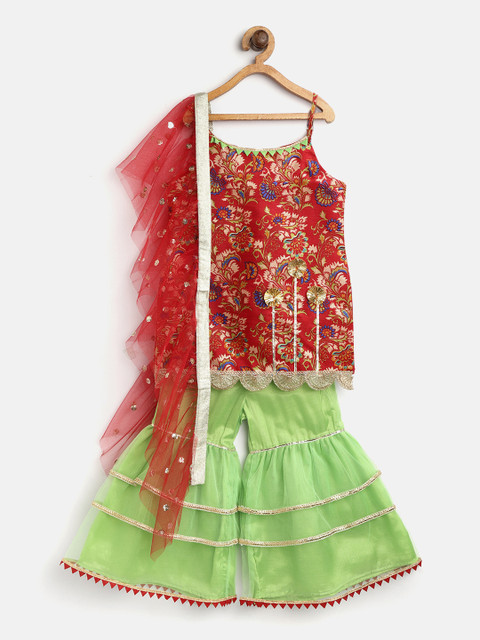 

pspeaches Girls Red & Green Printed Handloom Kurti with Sharara & Dupatta