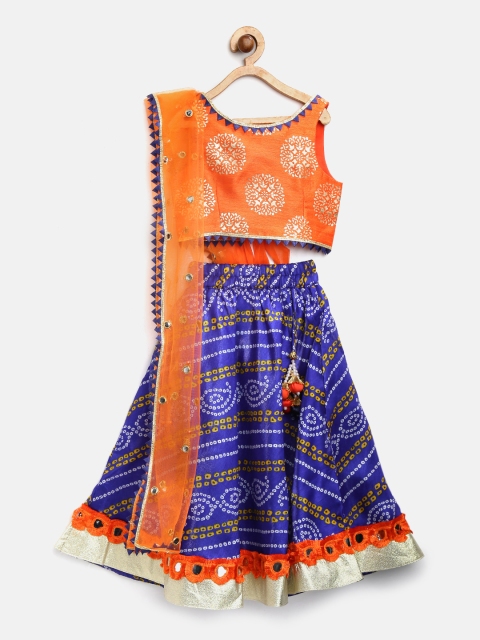

pspeaches Girls Blue & Orange Printed Ready to Wear Lehenga & Blouse with Dupatta
