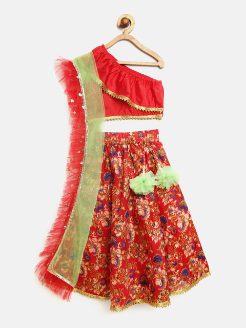 

pspeaches Girls Red & Blue Solid Ready to Wear Lehenga & Blouse with Dupatta