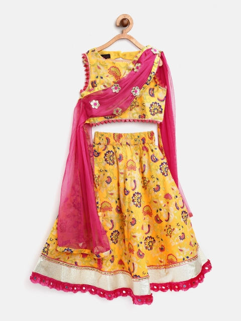 

pspeaches Girls Mustard Yellow Printed Lehenga & Blouse with Attached Dupatta