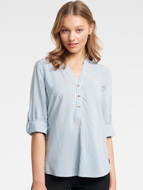 

Forever New Women Blue & White Tailored Fit Striped Formal Shirt