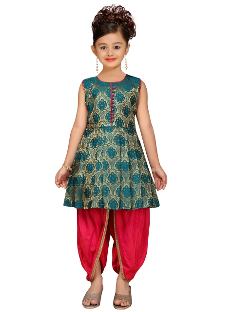 

ADIVA Girls Green & Red Woven Design Brocade Kurta with Dhoti Pants