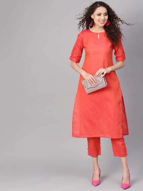 

GERUA Women Coral Red & Pink Self Design Kurta with Trousers
