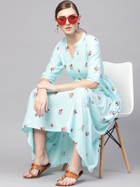 

GERUA Women Blue & Maroon Tropical Printed A-Line Dress