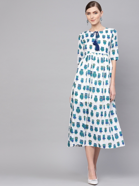 

GERUA Women White & Blue Owl Printed A-Line Dress
