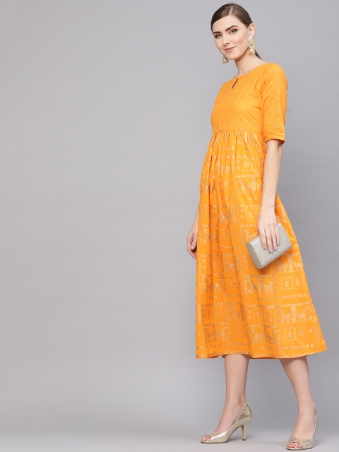 

GERUA Women Printed Mustard Yellow Printed A-Line Dress