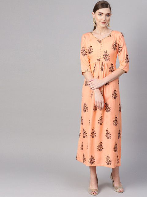 

GERUA Women Peach-Coloured & Maroon Block Printed A-Line Dress
