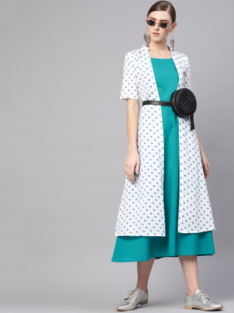 

GERUA Women Blue Solid A-Line Dress With Printed Layer