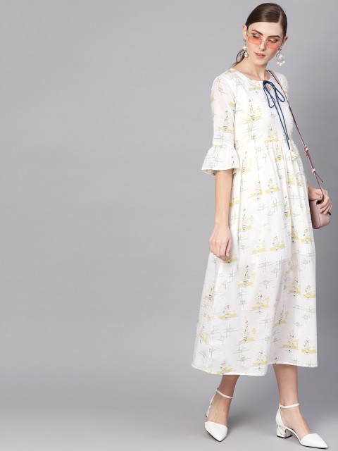 

GERUA Women White & Blue Floral Printed A-Line Dress