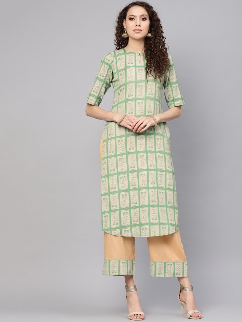 

GERUA Women Green & Beige Block Print Kurta with Palazzos