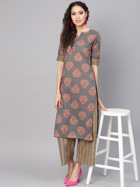 

GERUA Women Grey & Mustard Yellow Printed Kurta with Palazzos