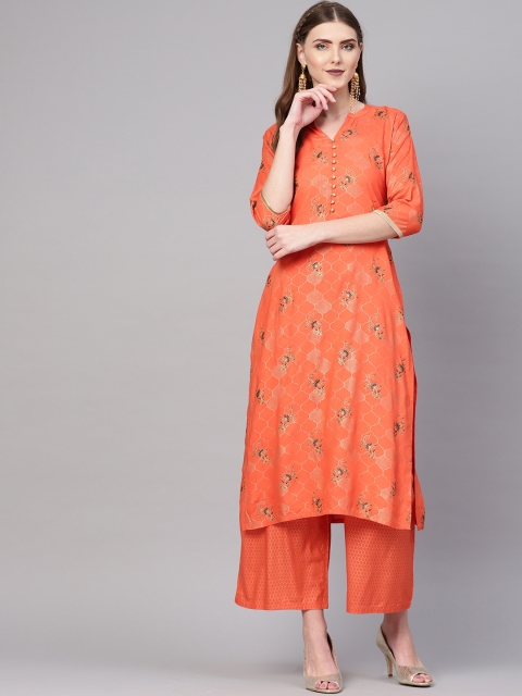

GERUA Women Orange & Golden Block Print Kurta with Palazzos