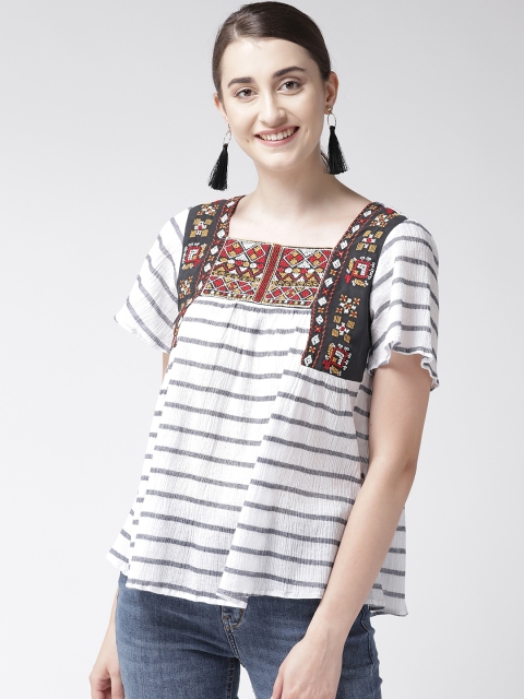 

Antheaa Women White & Navy Striped A-Line Pure Cotton Top