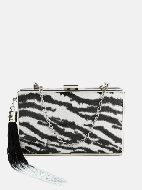 

DressBerry Black & Silver-Toned Zebra Print Tasselled Box Clutch