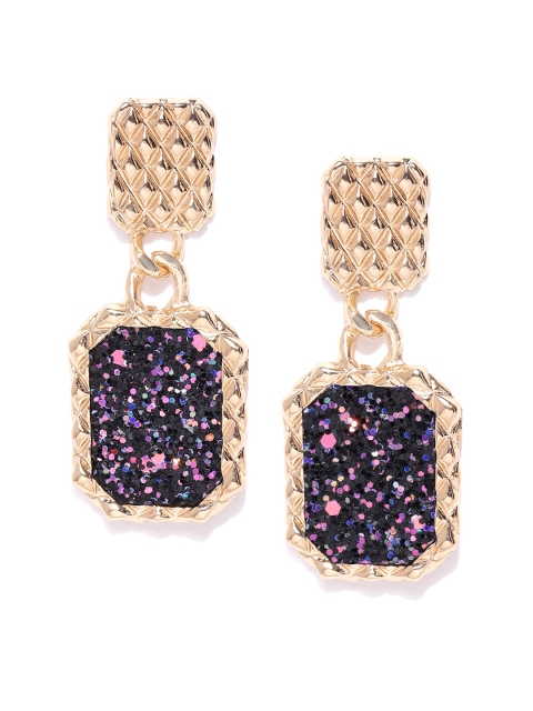 

Jewels Galaxy Navy Blue Gold-Plated Stone Studded Textured Geometric Drop Earrings