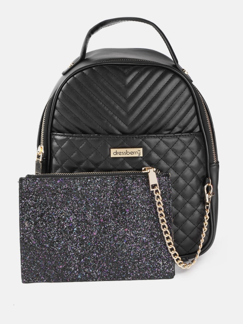 Women Black Quilted Backpack with Pouch