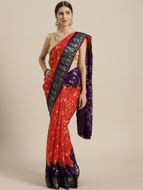 

Geroo Jaipur Rust Orange & Purple Dyed Handloom Bandhani Saree
