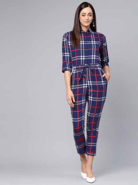 

VOXATI Women Navy Blue & White Checked Cropped Basic Jumpsuit