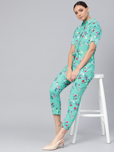 

VOXATI Women Green & Pink Floral Printed Cropped Basic Jumpsuit