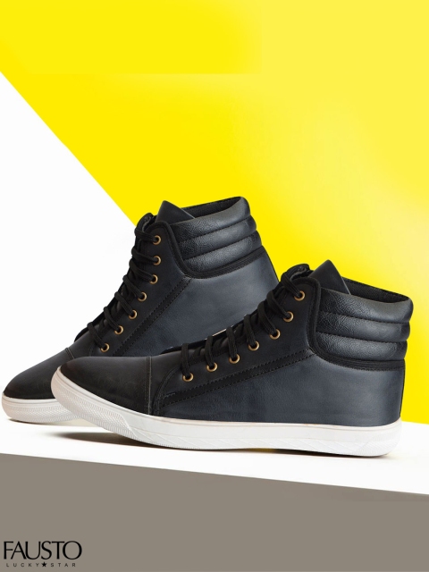 

FAUSTO Men Black Solid Synthetic Leather Mid-Top Lightweight Sneakers