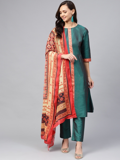 

Shree Women Green & Orange Solid Kurta with Trousers & Dupatta