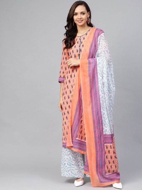 

Shree Women Peach-Coloured & White Printed Kurta with Palazzos & Dupatta