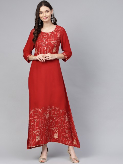 

Shree Women Red & Golden Printed Maxi Dress