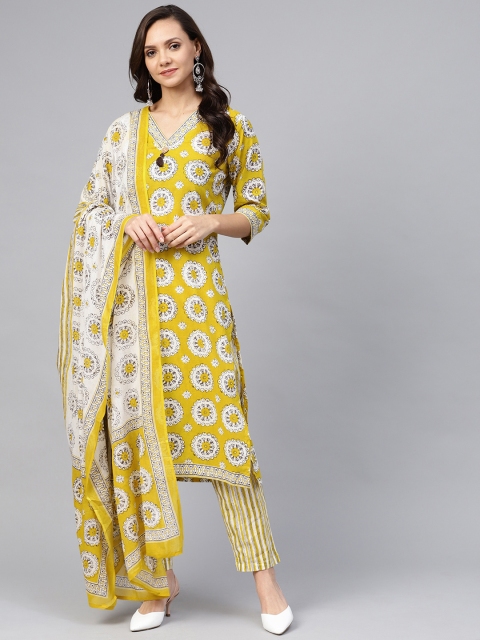 

Shree Women Mustard & Off-White Printed Kurta with Trousers & Dupatta