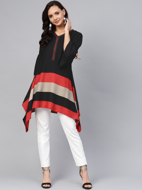

Shree Women Navy Blue & Red Striped Detail Tunic, Black