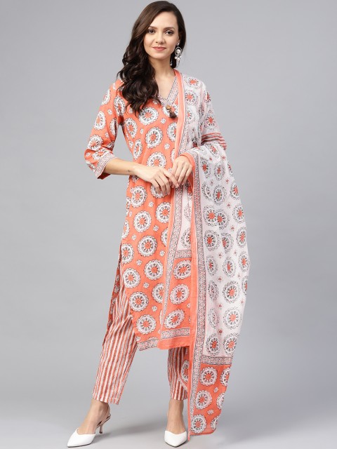 

Shree Women Coral Orange & White Printed Kurta with Trousers & Dupatta