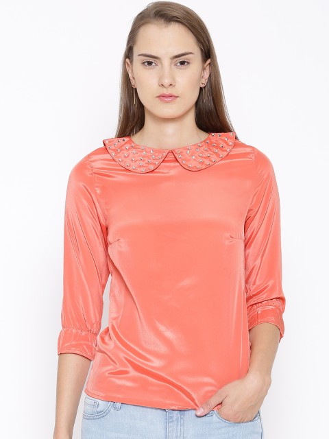 

SASSAFRAS Coral Orange Polyester Embellished Collar Top