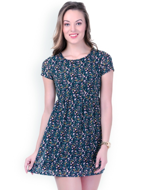 

SASSAFRAS Navy Printed A-Line Dress, Navy blue