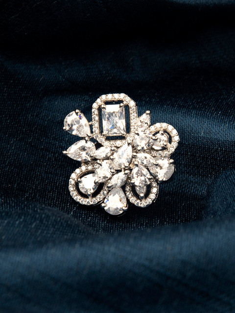 

Rubans Women Silver-Plated Blooming CZ Studded Statement Finger Ring