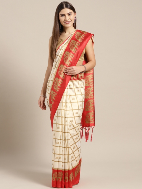 

Ishin Off-White & Golden Checked Mysore Silk Saree