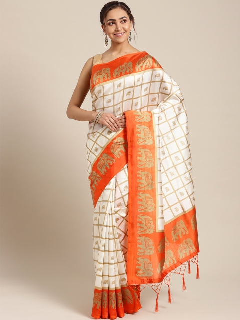

Ishin Off-White & Orange Checked Mysore Silk Saree