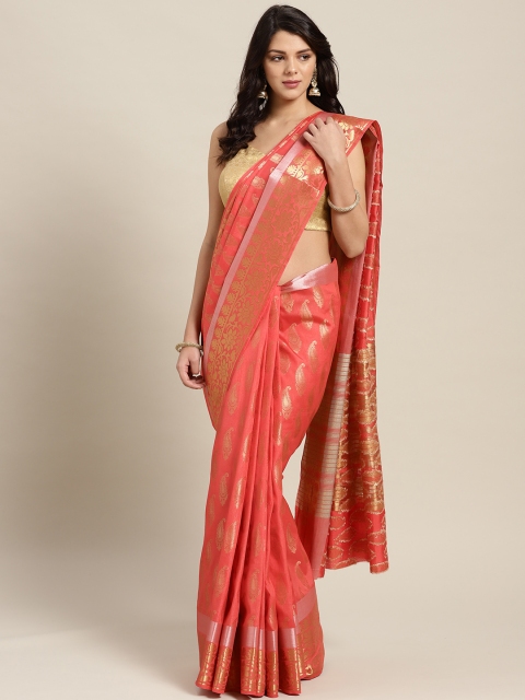 

Ishin Women Peach-Coloured & Golden Zari Woven Design Mysore Silk Saree