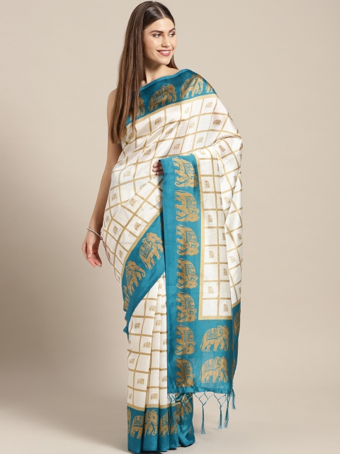 

Ishin Women Off-White & Blue Checked Mysore Silk Saree