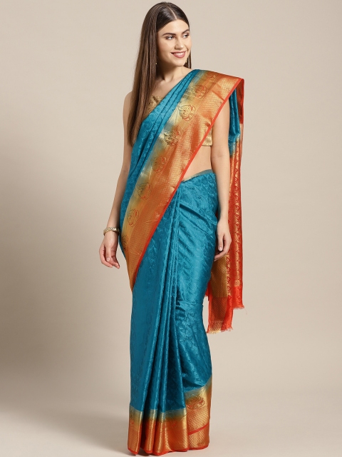 

Ishin Women Blue & Orange Woven Design Mysore Silk Saree