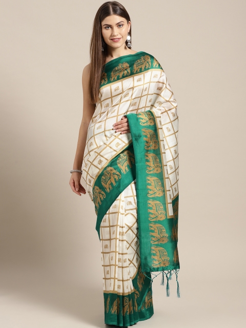 

Ishin Off-White & Green Art Silk Checked Mysore Silk Saree