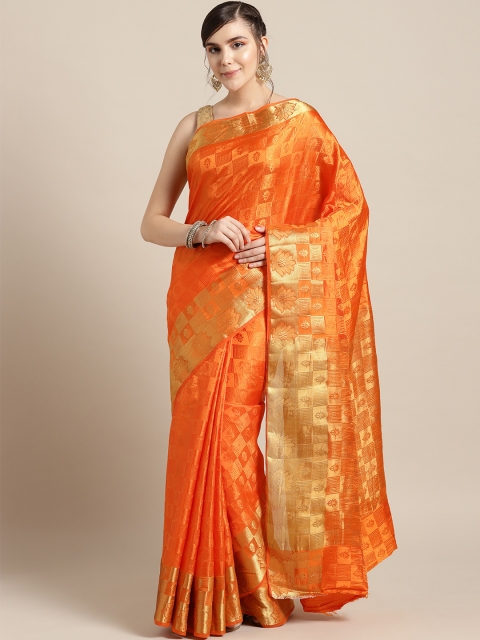 

Ishin Orange & Golden Woven Design Zari Work Mysore Silk Saree