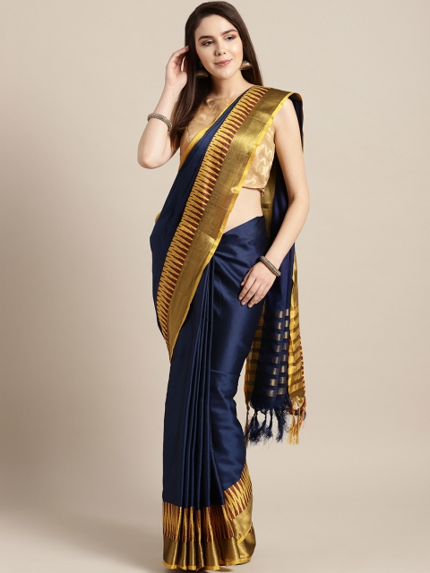 

Ishin Navy Navy Blue Solid Zari Detail Mysore Silk Saree