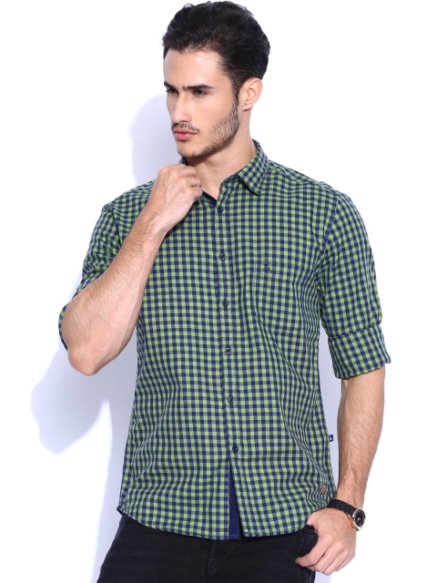 

Parx Navy & Green Checked Slim Casual Shirt, Navy blue